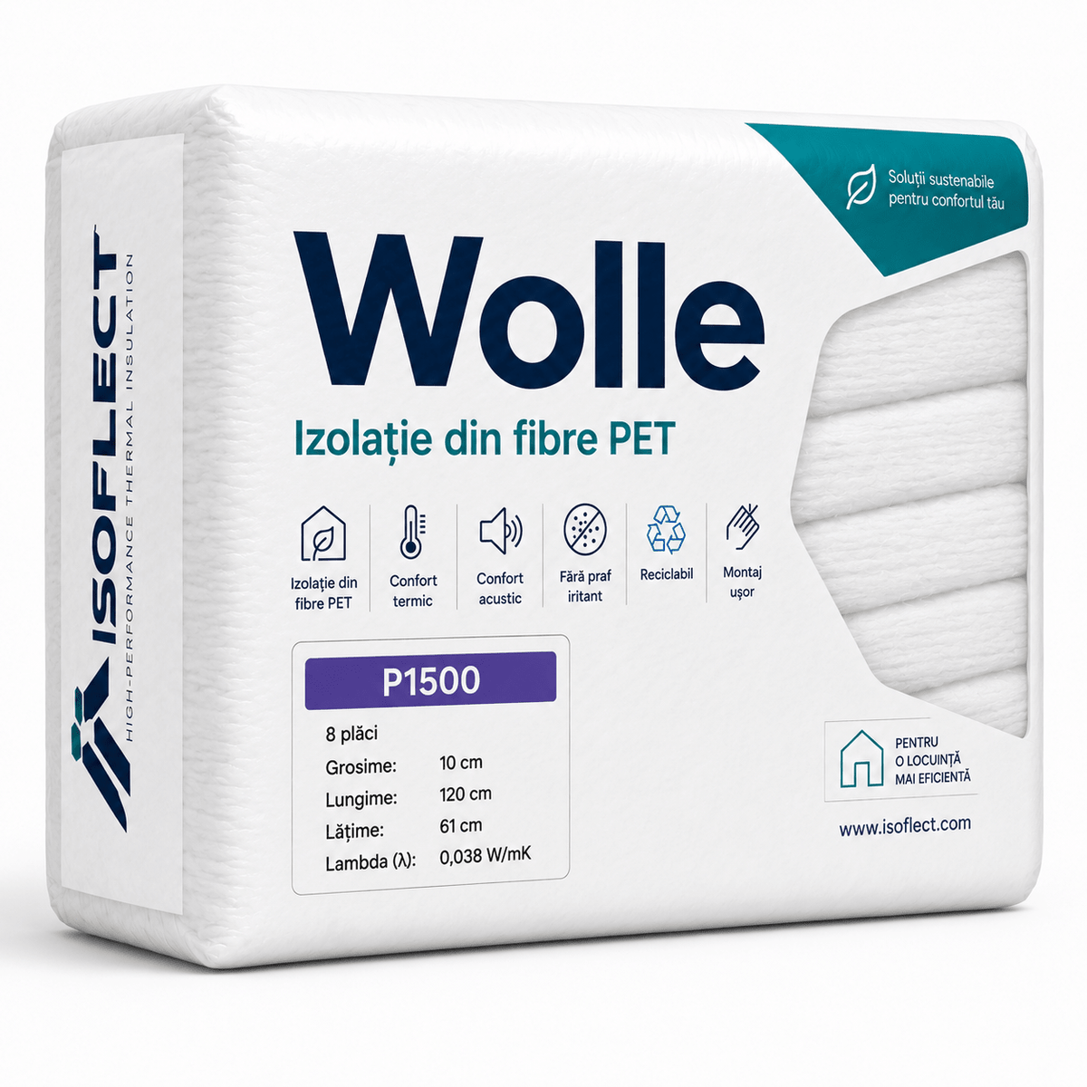 Wolle P1500, grosime 10 cm, pachet 5,856 mp, opt plăci 1.2 x 0,61 m, conductivitate termică Lambda λ = 0,038 W/M2K - Isoflect Insulation