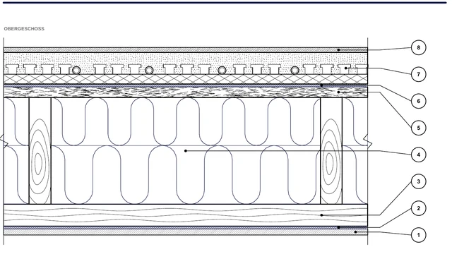 CAD-Detail ISO-PLA-02: Holzbalkendecke zwischen den Geschossen — System mit Nut-und-Feder-Platten