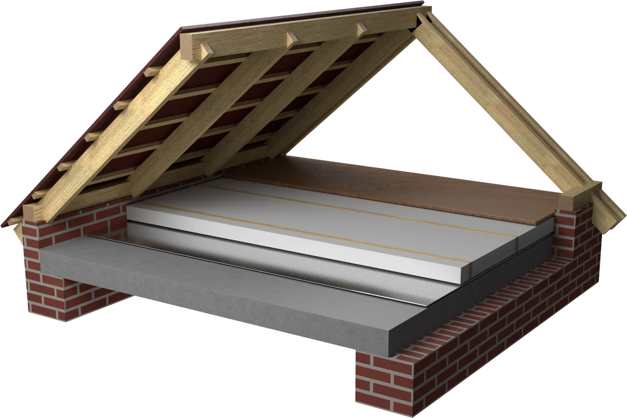 3D-Rendering: Betondecke im Dachboden, mit begehbarem Dachbodenbelag