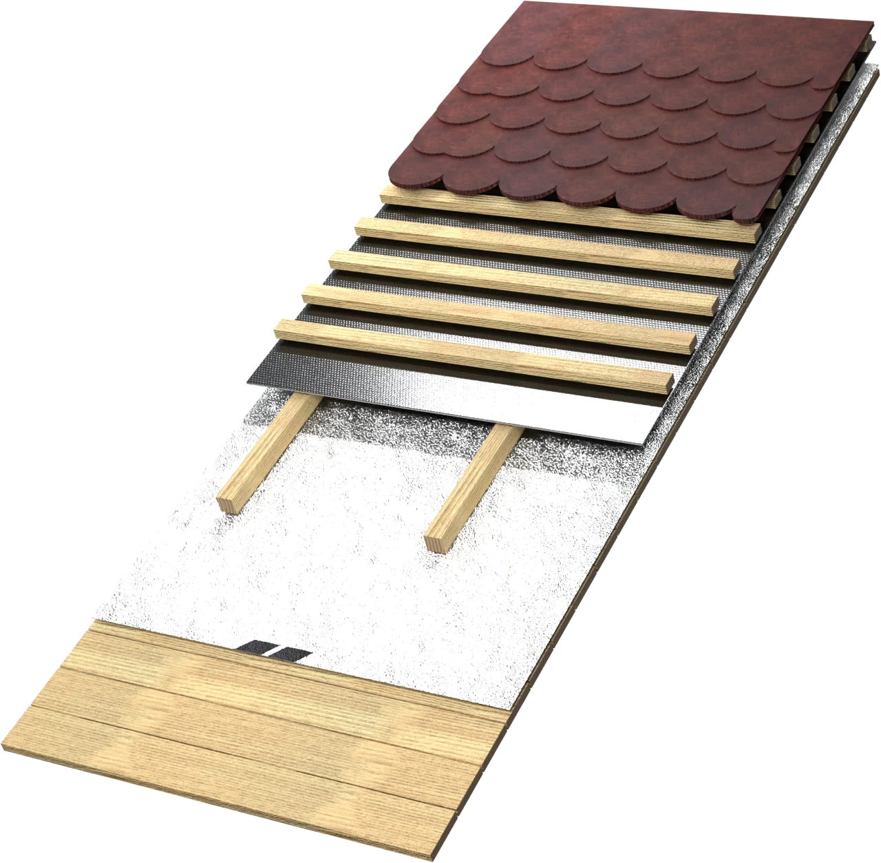 3D-Rendering: unter der Dacheindeckung, mit zusätzlichem Silver- oder Bronze-Schild zwischen Konterlatte und Dachlatte